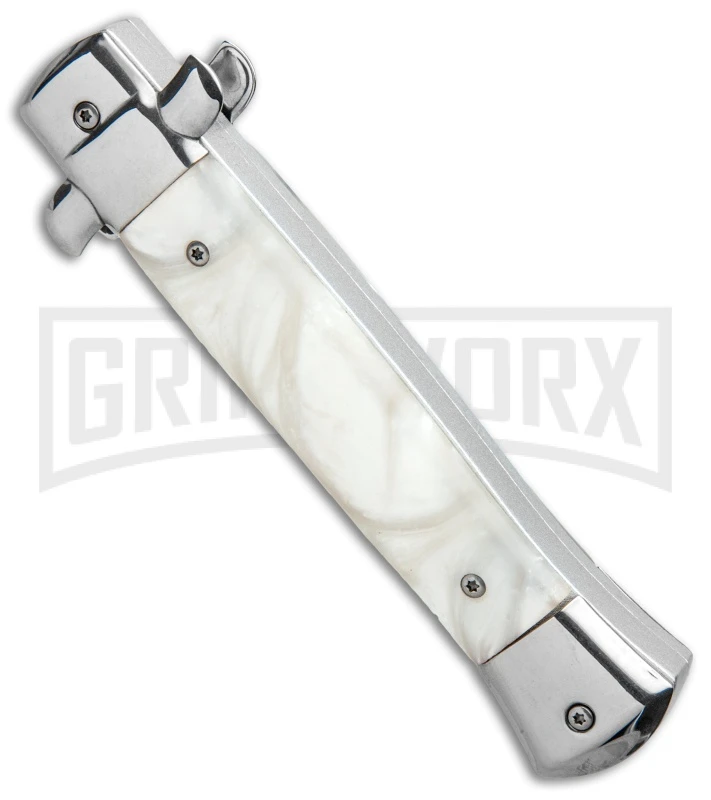 Mago 9" White Marble Italian Stiletto OTF Auto Bayo - Satin Plain - Image 3