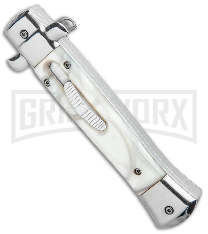 Mago 9" White Marble Italian Stiletto OTF Auto Bayo - Satin Plain - Image 2