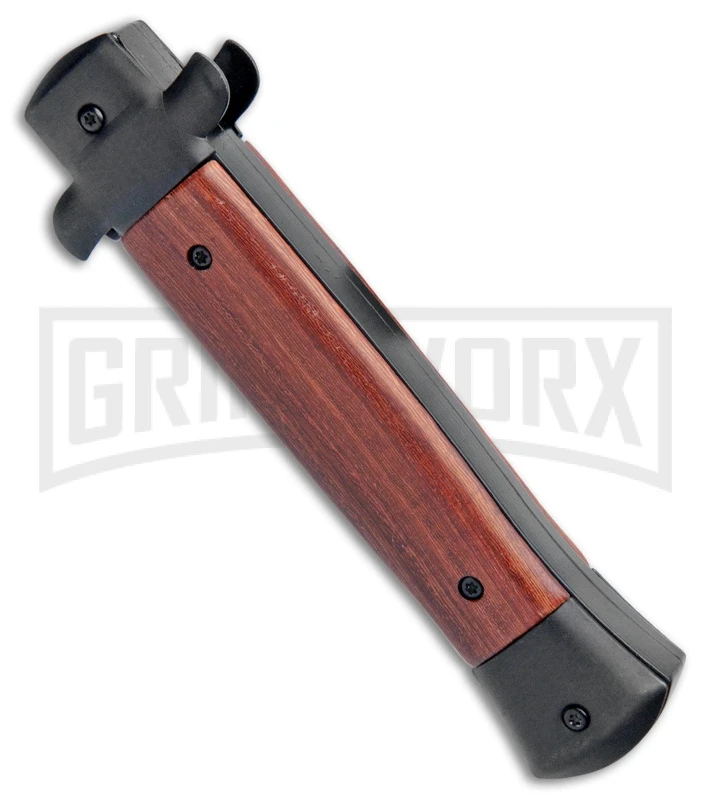 Mago 9" Wood Italian Stiletto OTF Auto Knife Black Bolsters (Satin Bayo) - Image 3