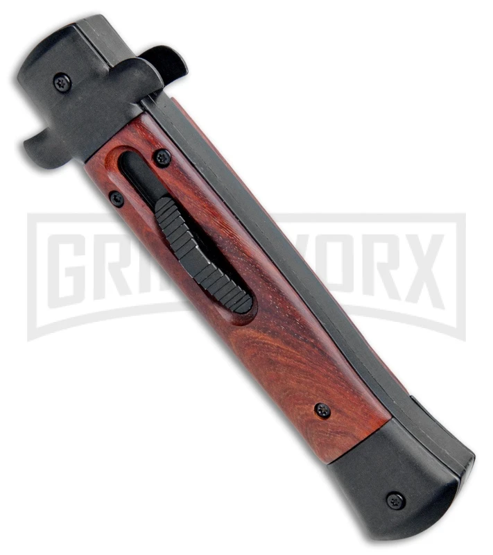 Mago 9" Wood Italian Stiletto OTF Auto Knife Black Bolsters (Satin Bayo) - Image 2