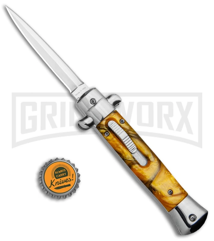 Mago 9" Yellow Marble Italian Stiletto OTF Automatic Knife - Dagger Satin - Image 5