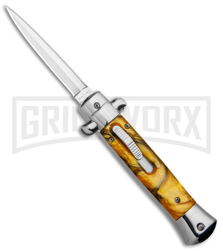 Mago 9" Yellow Marble Italian Stiletto OTF Automatic Knife - Dagger Satin