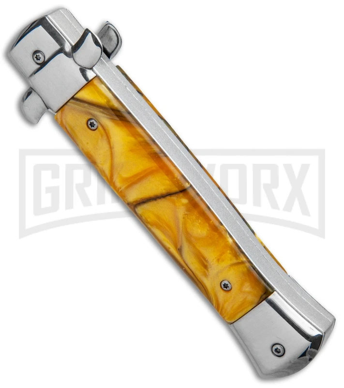 Mago 9" Yellow Marble Italian Stiletto OTF Automatic Knife - Dagger Satin - Image 3