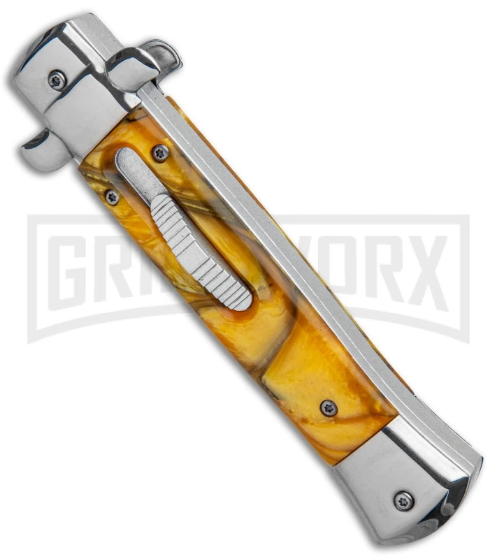 Mago 9" Yellow Marble Italian Stiletto OTF Automatic Knife - Dagger Satin - Image 2