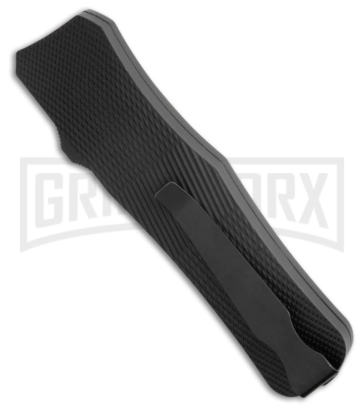 Mantis Auto Black Aluminum OTF Knife Dagger - Satin Partially Serrated - Image 3