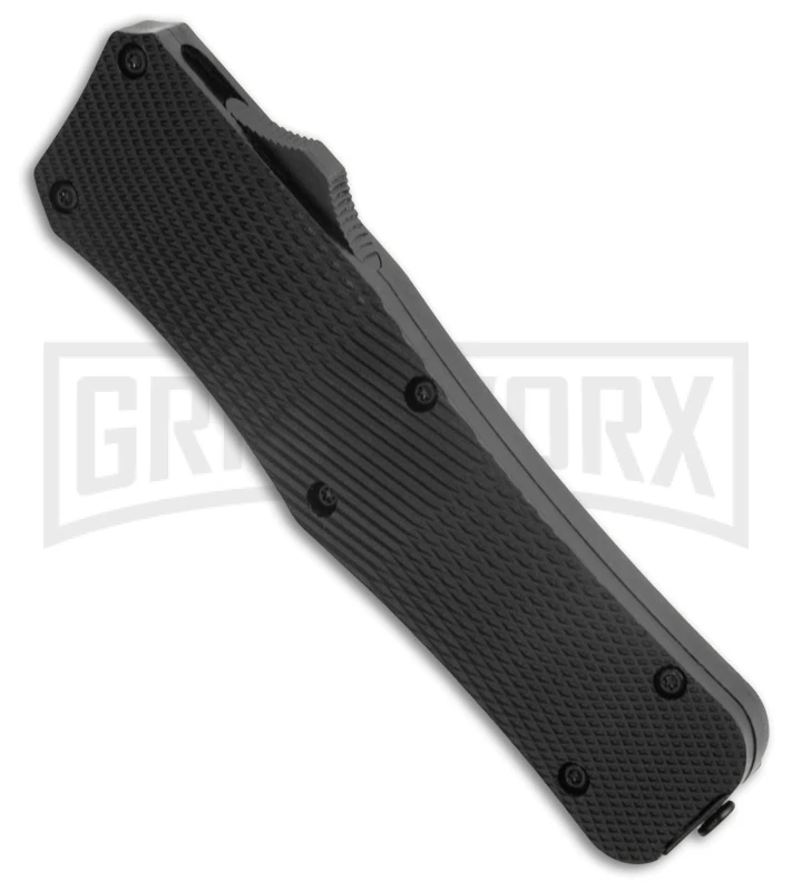 Mantis Auto Black Aluminum OTF Knife Dagger - Satin Partially Serrated - Image 2