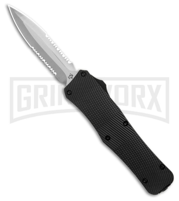 Mantis Auto Black Aluminum OTF Knife Dagger - Satin Partially Serrated