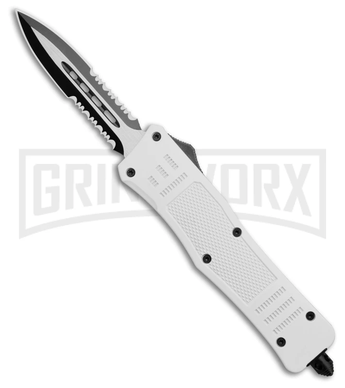 Medium Atomic Defender White Automatic Dagger Knife - Two-Tone Serr