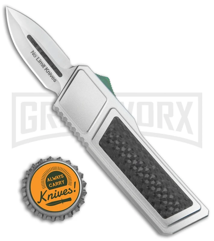 No Limit Knives Akuma OTF Automatic Knife Silver Green Hardware - Satin Plain - Image 4