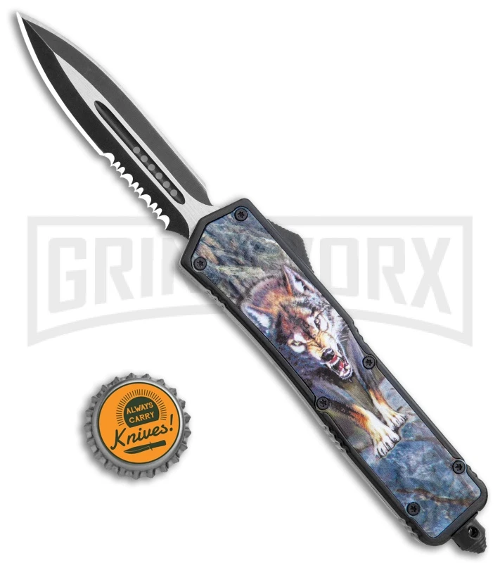 Rumble Black D/A OTF Automatic Knife Dagger Wolf Graphic - Two Tone Plain Serr - Image 5