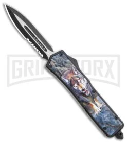 Rumble Black D/A OTF Automatic Knife Dagger Wolf Graphic - Two Tone Plain Serr