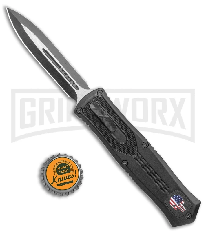 Rumble Black D/A OTF Auto Knife, RWB Skull - Dagger 2 Tone Plain - Image 5