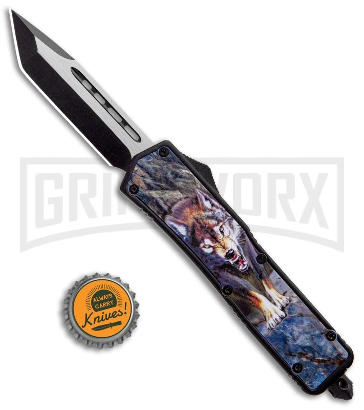 Rumble Black D/A OTF Automatic Knife Tanto Wolf Graphic - Two-Tone Plain - Image 5