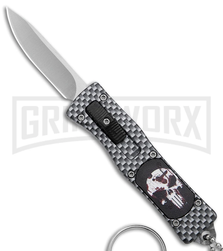 Skull Mini Dog Tag Gray Black Carbon Fiber D/A OTF Automatic Knife - Satin Plain