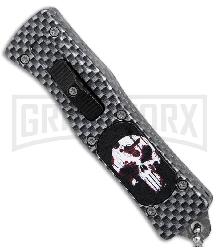 Skull Mini Dog Tag Gray Black Carbon Fiber D/A OTF Automatic Knife - Satin Plain - Image 2