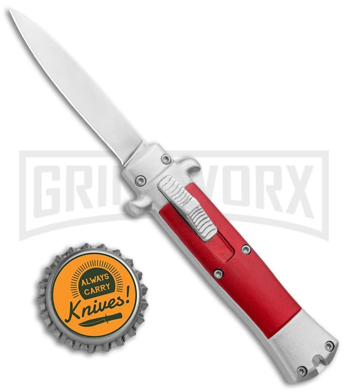 Enzo Stiletto Mini Red W/ Silver Bolsters D/A OTF Automatic Knife - Satin Plain - Image 4