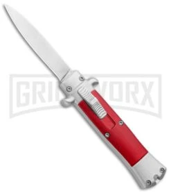 Enzo Stiletto Mini Red W/ Silver Bolsters D/A OTF Automatic Knife - Satin Plain