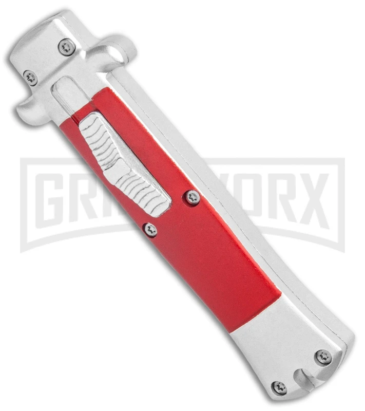 Enzo Stiletto Mini Red W/ Silver Bolsters D/A OTF Automatic Knife - Satin Plain - Image 2