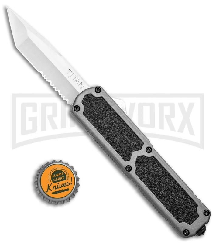 Titan Gray D/A OTF Automatic Knife - Tanto Satin Serrated - Image 4