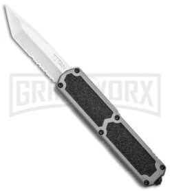 Titan Gray D/A OTF Automatic Knife - Tanto Satin Serrated
