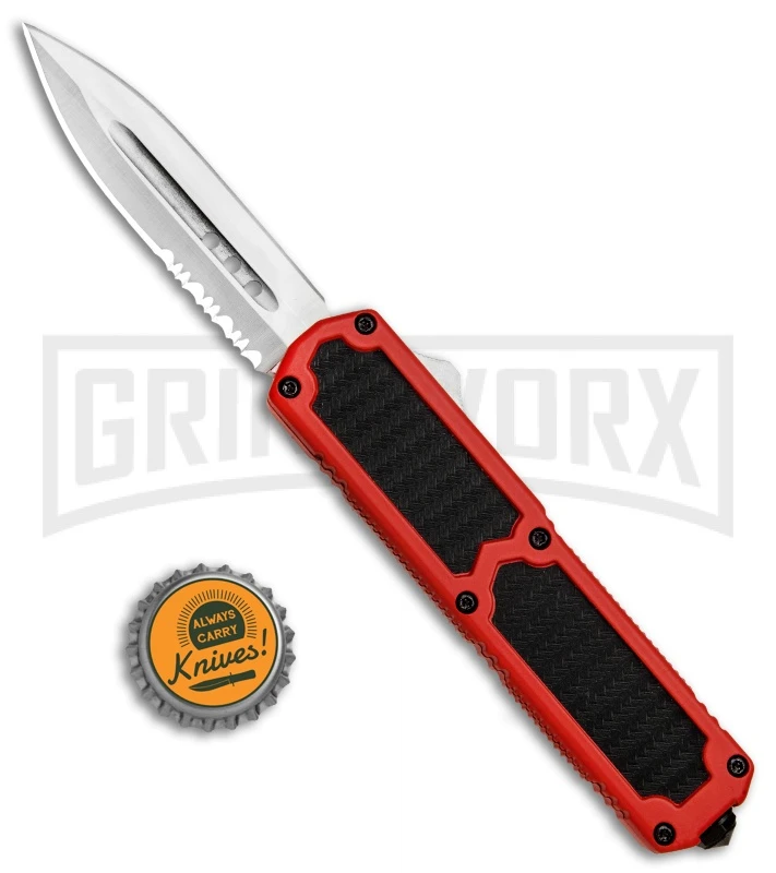 Titan Red D/A OTF Sim Carbon Fiber Automatic Knife - Dagger Satin Serrated - Image 4