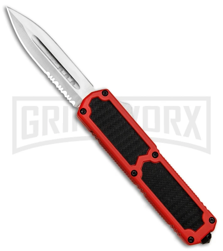 Titan Red D/A OTF Sim Carbon Fiber Automatic Knife - Dagger Satin Serrated