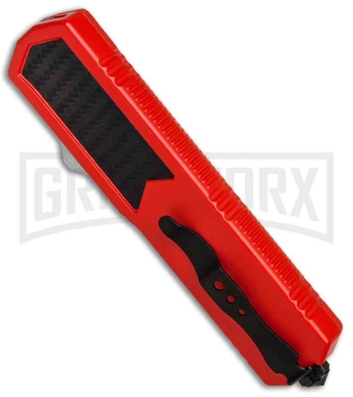Titan Red D/A OTF Sim Carbon Fiber Automatic Knife - Dagger Satin Serrated - Image 3