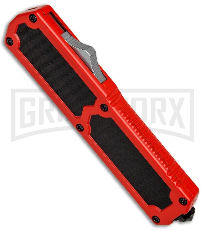 Titan Red D/A OTF Sim Carbon Fiber Automatic Knife - Dagger Satin Serrated - Image 2