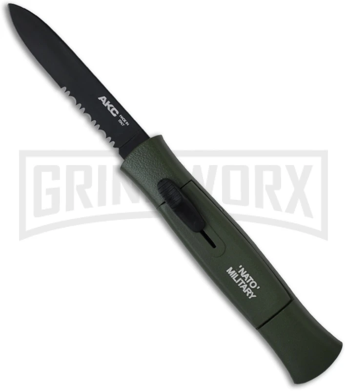 AKC 077 Concord NATO Military Green OTF Automatic Knife - Flat Grind Black Serr