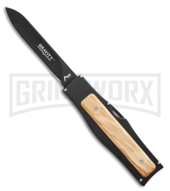 AKC Gravit-E Black/Wood Manual OTF Knife - Black Plain