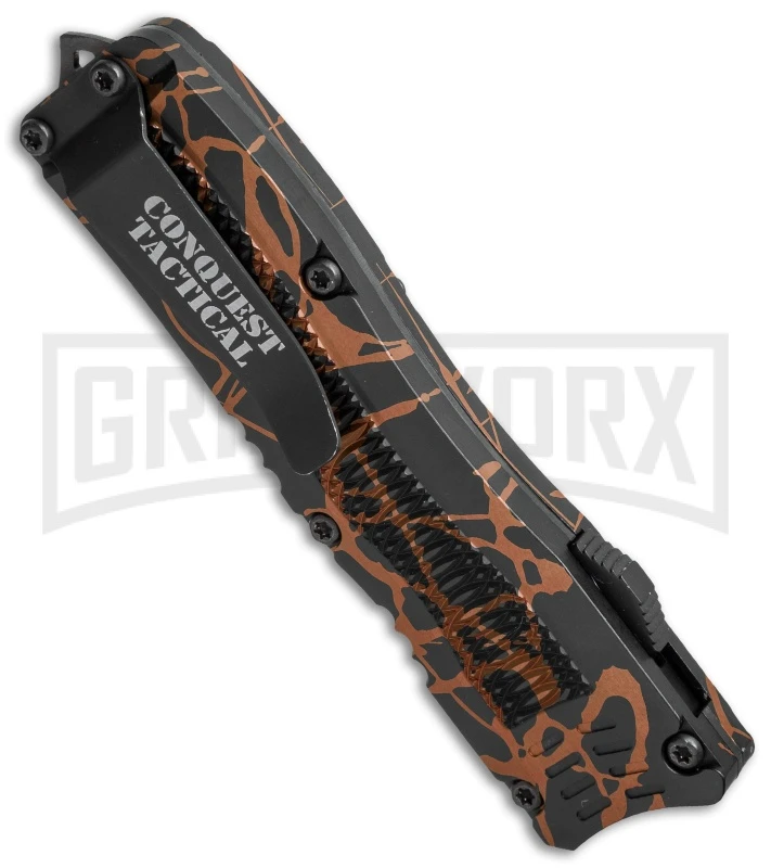 Conquest Tactical Fury Brown Splash D/A OTF Automatic Knife - Black Plain - Image 2